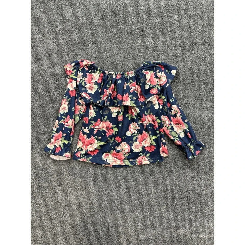 Marie Nicole Girls Small Floral Peasant Top Boutique Ruffle Long Sleeve Navy